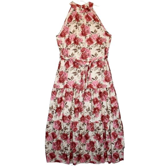 SHEIN Dresses & Skirts - Shein Maxi Dress Halter Neck Women L Satin Beige Pink Floral Summer Beach